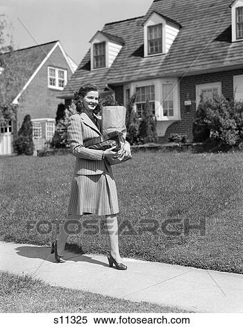 Woman Walking Shopping Groceries House Sidewalk Retro 1940S View Large Photo Image Stock Photography - Woman Walking Shopping Groceries House Sidewalk Retro 1940S. Fotosearch