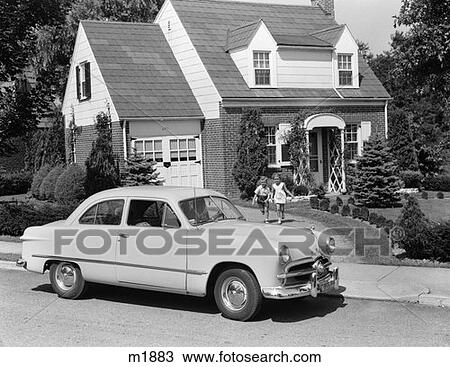 1940S 1950S Son & Daughter Running From House Towards 1948 Ford Automobile View Large Photo Image Stock Image - 1940S 1950S Son & Daughter Running From House Towards 1948 Ford Automobile . Fotosearch