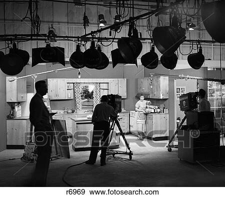 Stock Photo - 1950 1950S Behind The Scenes Of Filming A Cooking Show . Fotosearch