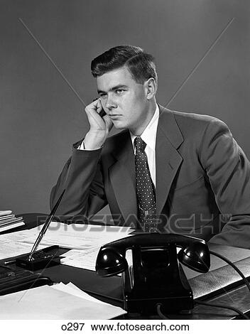 Stock Photo - 1950 1950S Retro Man Business Bored Telephone Suit Pen . Fotosearch