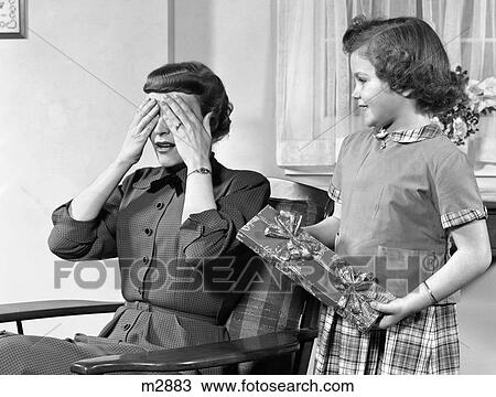 1950 1950S Retro Mother Daughter Gift Surprise Present Package View Large Photo Image Stock Image - 1950 1950S Retro Mother Daughter Gift Surprise Present Package . Fotosearch