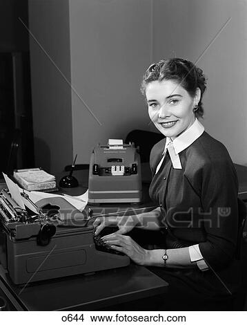 1950 1950S Retro Woman Secretary Smile Business Typewriter View Large Photo Image Picture - 1950 1950S Retro Woman Secretary Smile Business Typewriter . Fotosearch