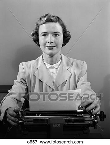 1950 1950S Retro Woman Typewriter Desk Secretary Suit View Large Photo Image Stock Photo - 1950 1950S Retro Woman Typewriter Desk Secretary Suit . Fotosearch
