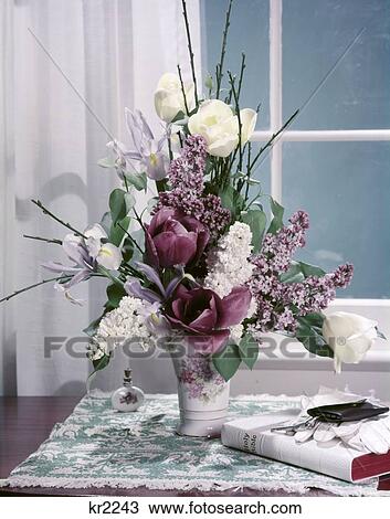 1950 1950S Still Life Spring Bouquet Lilacs Tulips Holy Bible On Tabletop Near Window Flower Arrangement Retro View Large Photo Image Stock Image - 1950 1950S Still Life Spring Bouquet Lilacs Tulips Holy Bible On Tabletop Near Window Flower Arrangement Retro . Fotosearch