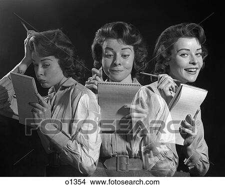1950 1950S Woman Office Worker Holding Pencil And Notepad Making Various Facial Expressions Printed Three Times View Large Photo Image Picture - 1950 1950S Woman Office Worker Holding Pencil And Notepad Making Various Facial Expressions Printed Three Times . Fotosearch