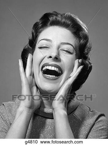 1950S 1960S Happy Brunette Woman Smiling Laughing Yelling Hands To Cheeks Eyes Closed View Large Photo Image Stock Image - 1950S 1960S Happy Brunette Woman Smiling Laughing Yelling Hands To Cheeks Eyes Closed . Fotosearch