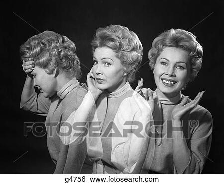Stock Photograph - 1950S 1960S Multiple Exposure Woman Three Emotions Change From Happy To Sad . Fotosearch