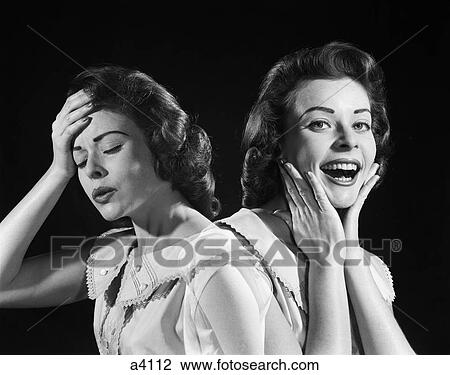 1950S 1960S Woman Double Exposure One Side Has Hand To Head In Pain Other Has Hands To Face Smiling Feeling Better View Large Photo Image Stock Image - 1950S 1960S Woman Double Exposure One Side Has Hand To Head In Pain Other Has Hands To Face Smiling Feeling Better . Fotosearch