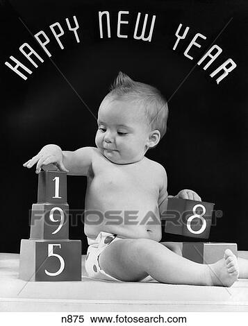 1950S Baby With Building Blocks 1958 Happy New Year Sign Above His Head