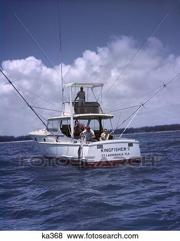 1950S Charter Fishing Boat Man Lifting Catch Into Boat Water Blue Sky Clouds Kingfisher V Ft. Lauderdale Fl Sport View Large Photo Image Stock Photo - 1950S Charter Fishing Boat Man Lifting Catch Into Boat Water Blue Sky Clouds Kingfisher V Ft. Lauderdale Fl Sport . Fotosearch