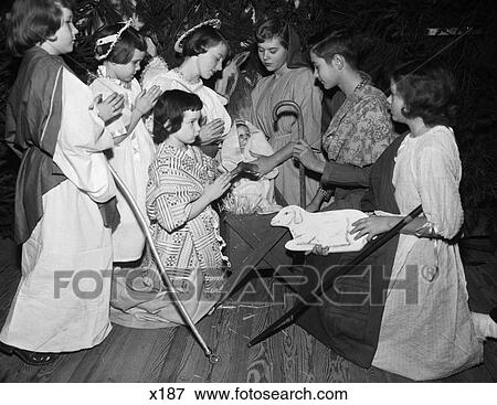 1950S Children Boys Girls In Costumes Christmas Play Nativity Scene Wise Men Angels Lamb Jesus Mary Joseph Shepherd View Large Photo Image Stock Photo - 1950S Children Boys Girls In Costumes Christmas Play Nativity Scene Wise Men Angels Lamb Jesus Mary Joseph Shepherd. Fotosearch