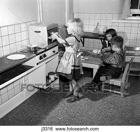 1950S Children Boys Girls Nursery School In Toy Play Kitchen View Large Photo Image Stock Photograph - 1950S Children Boys Girls Nursery School In Toy Play Kitchen . Fotosearch