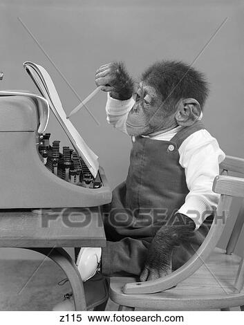 Stock Photography - 1950S Chimp In Overalls Sitting In Chair At Typewriter With Pencil & Steno Pad . Fotosearch