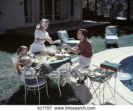 1950S Family In Backyard Having Picnic From Grill Near Swimming Pool Outdoor Man Woman Boy Girl View Large Photo Image Stock Photo - 1950S Family In Backyard Having Picnic From Grill Near Swimming Pool Outdoor Man Woman Boy Girl. Fotosearch