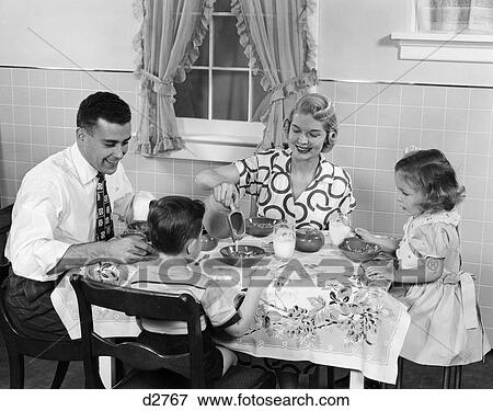 1950S Family Sitting At Kitchen Table Having Breakfast View Large Photo Image Stock Photo - 1950S Family Sitting At Kitchen Table Having Breakfast . Fotosearch