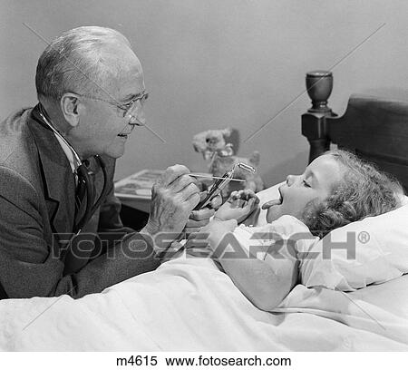 1950S Little Girl Sick In Bed Sticking Out Her Tongue At Doctor At Bed Side Looking At Her Throat During House Call View Large Photo Image Stock Photography - 1950S Little Girl Sick In Bed Sticking Out Her Tongue At Doctor At Bed Side Looking At Her Throat During House Call. Fotosearch