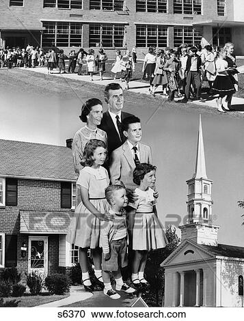 1950S Montage Of Family Of 6 Surrounded By School Church & Home View Large Photo Image Stock Image - 1950S Montage Of Family Of 6 Surrounded By School Church & Home . Fotosearch