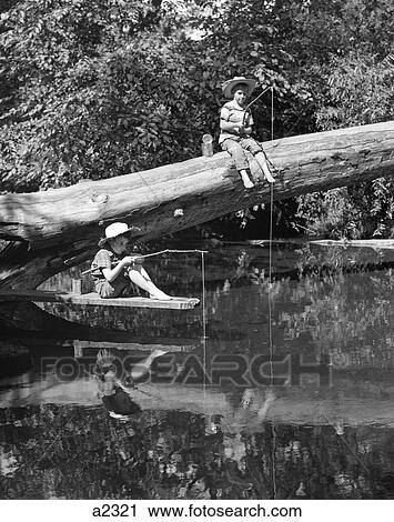 1950S Pair Of Boys In Straw Hats & Cuffed Jeans Fishing In Stream Off Of Fallen Tree & Diving Board With Stick & String Poles View Large Photo Image Stock Image - 1950S Pair Of Boys In Straw Hats & Cuffed Jeans Fishing In Stream Off Of Fallen Tree & Diving Board With Stick & String Poles. Fotosearch