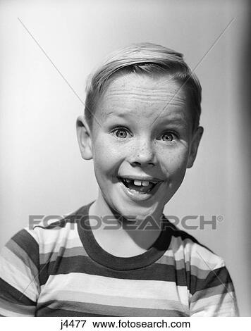 1950S Portrait Happy Smiling Boy Stripe Shirt Silly Elated Facial Expression View Large Photo Image Stock Photo - 1950S Portrait Happy Smiling Boy Stripe Shirt Silly Elated Facial Expression . Fotosearch