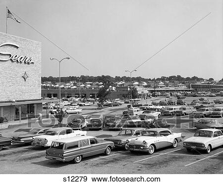 1950S Shopping Mall & Crowded Parking Lot View Large Photo Image Stock Photo - 1950S Shopping Mall & Crowded Parking Lot . Fotosearch
