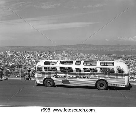 1950S Sightseeing Tour Bus Parked At Twin Peaks For View Of San Francisco & Bay Area View Large Photo Image Stock Photo - 1950S Sightseeing Tour Bus Parked At Twin Peaks For View Of San Francisco & Bay Area . Fotosearch