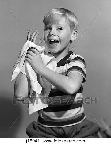1950S Smiling Blonde Boy Washing Drying Hands Towel View Large Photo Image Stock Image - 1950S Smiling Blonde Boy Washing Drying Hands Towel . Fotosearch