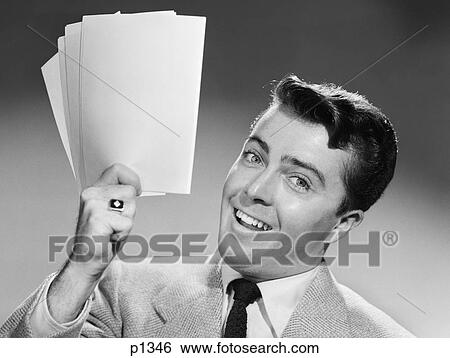1950S Smiling Young Businessman Holding Up Handful Of Blank Empty Plain Papers Signs Man View Large Photo Image Stock Photograph - 1950S Smiling Young Businessman Holding Up Handful Of Blank Empty Plain Papers Signs Man . Fotosearch