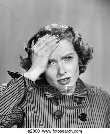 1950S Stressed Woman In Striped Dress Hold Forehead With Hand View Large Photo Image Stock Image - 1950S Stressed Woman In Striped Dress Hold Forehead With Hand. Fotosearch