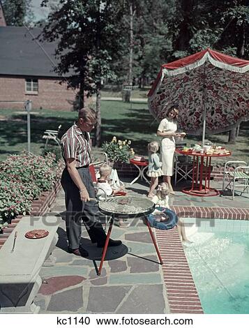 1950S Suburban Family In Backyard By Pool With Bar-B-Que Nostalgia View Large Photo Image Stock Image - 1950S Suburban Family In Backyard By Pool With Bar-B-Que Nostalgia . Fotosearch