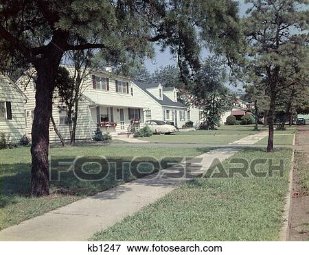 1950S Suburban Street White Houses With Sidewalk Running Down Middle Of Image Yard Green Grass Spring Lake Nj View Large Photo Image Stock Photo - 1950S Suburban Street White Houses With Sidewalk Running Down Middle Of Image Yard Green Grass Spring Lake Nj. Fotosearch
