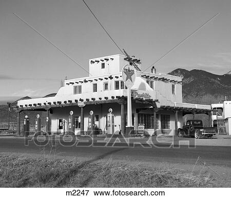 1950S Texaco Gas Station New Mexico Old Fashioned Gas Pumps Adobe Style Architecture View Large Photo Image Stock Photo - 1950S Texaco Gas Station New Mexico Old Fashioned Gas Pumps Adobe Style Architecture . Fotosearch