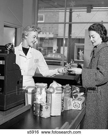 1950S Woman Grocery Store Checkout Female Cashier View Large Photo Image Stock Photograph - 1950S Woman Grocery Store Checkout Female Cashier . Fotosearch