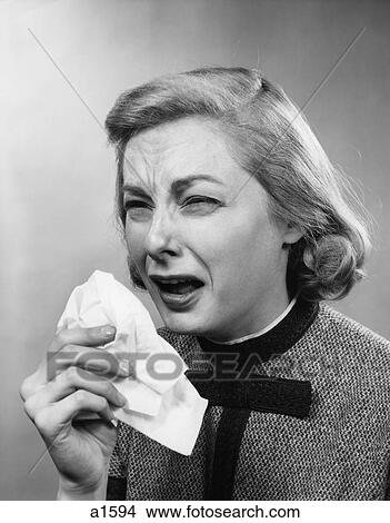 1950S Woman With Handkerchief Sneezing Indoor View Large Photo Image Picture - 1950S Woman With Handkerchief Sneezing Indoor . Fotosearch