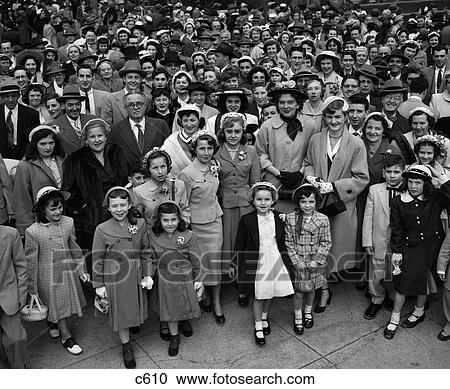 Stock Image - 1957 Crowd Men Women Children Dressed For Easter Sunday Parade Rittenhouse Square Philadelphia . Fotosearch