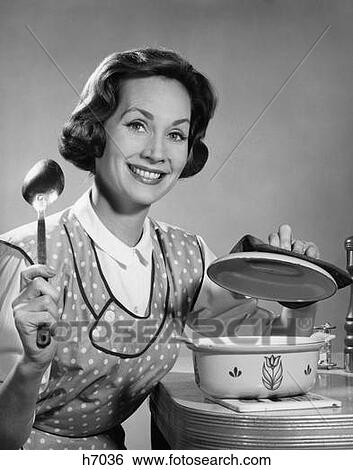 1960S Woman Housewive About To Stir Pot With Spoon Smiling Cooking View Large Photo Image Stock Photograph - 1960S Woman Housewive About To Stir Pot With Spoon Smiling Cooking . Fotosearch