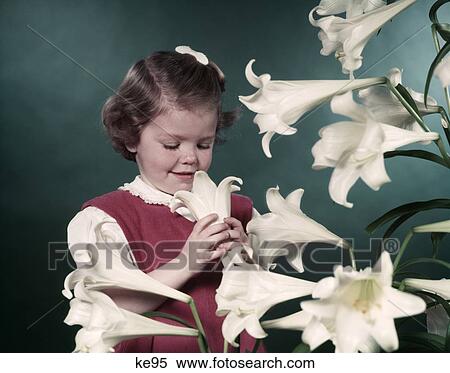 Little Girl Smelling Flowers Lillies Retro 1950 1950S View Large Photo Image Stock Photography - Little Girl Smelling Flowers Lillies Retro 1950 1950S. Fotosearch