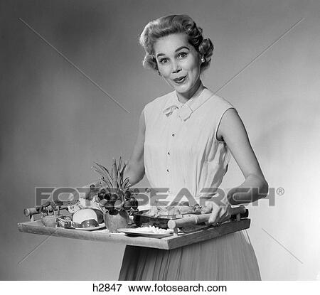 Woman Platter Smile Horsdeuvres Retro 1950S View Large Photo Image Stock Photo - Woman Platter Smile Horsdeuvres Retro 1950S. Fotosearch