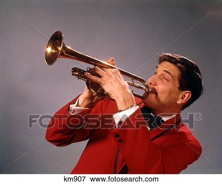 Stock Photo - 1960 1960S Man Playing Trumpet Wear Red Jacket Musician Trumpets Instrument Musical . Fotosearch