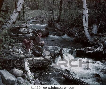 1960 1960S Retro Boy Dog Fishing River Stream View Large Photo Image Stock Photo - 1960 1960S Retro Boy Dog Fishing River Stream. Fotosearch