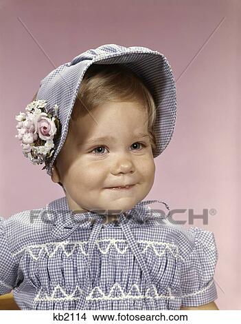 1960 1960S Retro Girl Toddler Hat Bonnet View Large Photo Image Picture - 1960 1960S Retro Girl Toddler Hat Bonnet . Fotosearch
