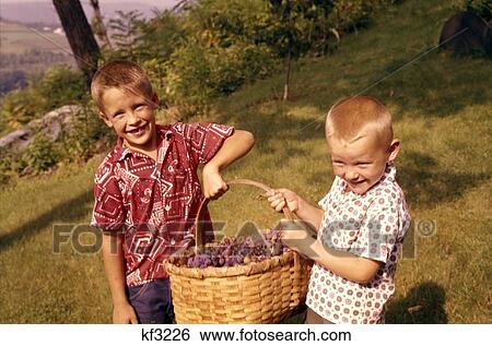 1960 1960S Two Laughing Boys Carrying Basket Harvested Grapes Farm Summer Boy Brothers Retro View Large Photo Image Stock Photograph - 1960 1960S Two Laughing Boys Carrying Basket Harvested Grapes Farm Summer Boy Brothers Retro . Fotosearch