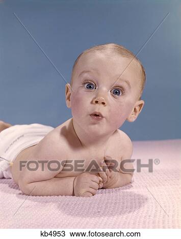 1960S Baby Laying On Stomach Looking Surprised View Large Photo Image Stock Image - 1960S Baby Laying On Stomach Looking Surprised. Fotosearch