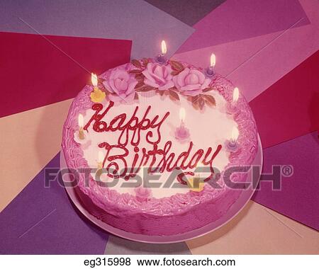 1960S Birthday Cake With Candles Lit View Large Photo Image Stock Photo - 1960S Birthday Cake With Candles Lit. Fotosearch