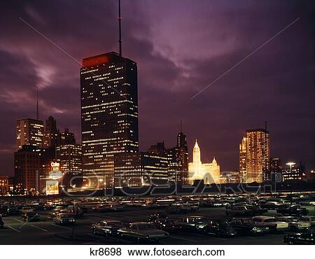 1960S Chicago, Il Skyline At Night From Monroe Drive Nostalgia View Large Photo Image Stock Photo - 1960S Chicago, Il Skyline At Night From Monroe Drive Nostalgia. Fotosearch