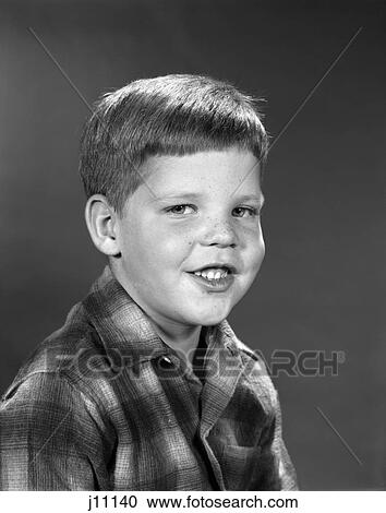 Stock Image - 1960S Chubby Boy Portrait Wearing Plaid Shirt Smiling School Photo . Fotosearch