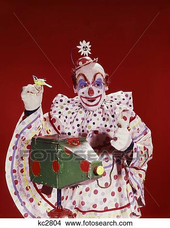 Picture - 1960S Circus Clown Photographer Camera Birdie Polka Dot Costume. Fotosearch
