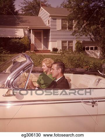 1960S Couple In White Convertible Car By Suburban House View Large Photo Image Stock Image - 1960S Couple In White Convertible Car By Suburban House. Fotosearch