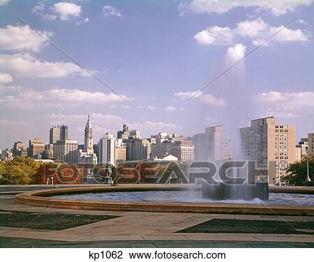 Stock Image - 1960S Day Philadelphia Skyline Art Museum Fountain In Foreground . Fotosearch
