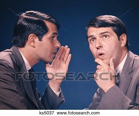 Stock Photo - 1960S Double Exposure Portrait Of Man Whispering To Himself One Two Symbolic Profile Secret . Fotosearch