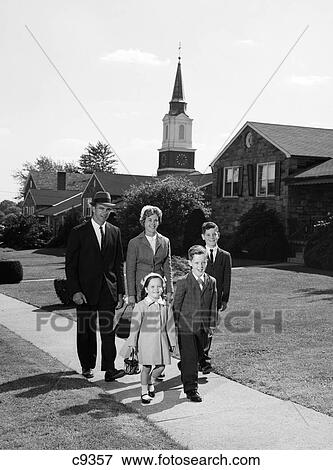 Stock Photo - 1960S Family Of 5 Walking To Church . Fotosearch